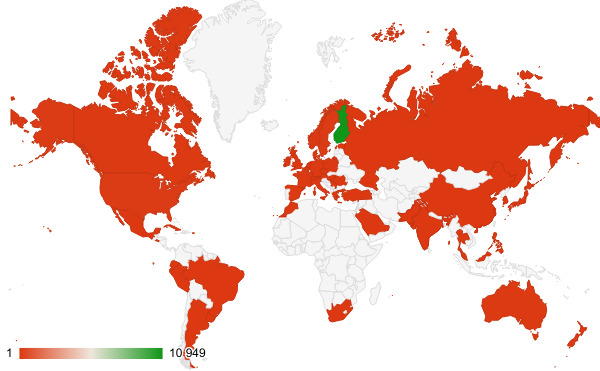 Fevermap submissions on world map"